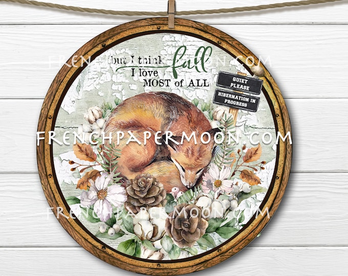 Fall Woodland Fox, Sublimation, Circle, Door Hanger, Sleeping Fox Wreath Accent, Fabric Transfer, Wood Transfer, Home Crafts DIY Circle Sign