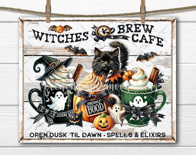 Halloween Coffee, Witches Brew, Ghost Drinks, Black Cat, Cute, Halloween Decor, DIY Sign, Digital Print, Fabric Transfer, Sublimation, PNG