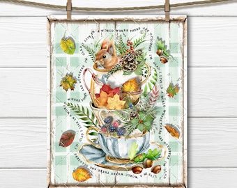 Forest Cup, Fall Teacup, Squirrel, Pine Cones, Acorns, Autumn Leaves, Fall Quote, Digital Print, Wreath Accent, Fabric Transfer, Sublimation