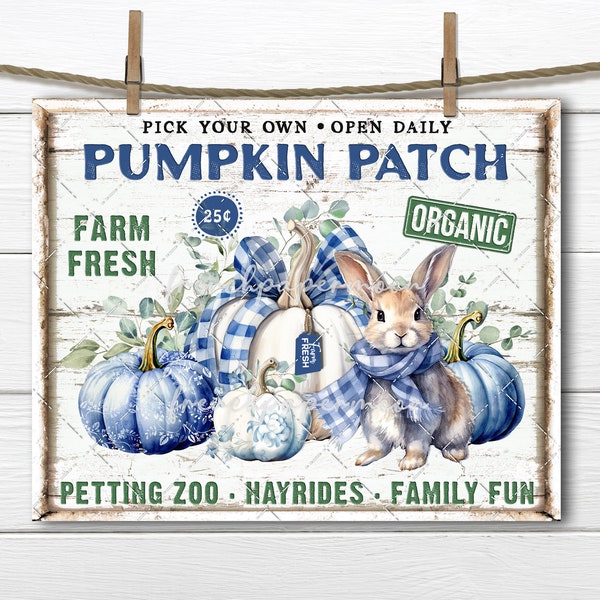 Fall Farmhouse Blue Pumpkin Patch Bunny Scarf Damask Gingham DIY Sign Making Fabric Transfer Tiered Tray Decor Fabric Transfer Wreath Accent