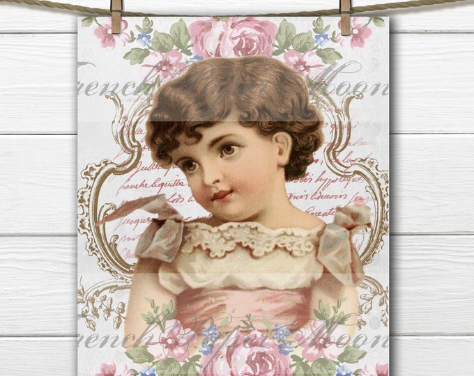 Digital Victorian Girl with Shabby Chic Roses, French Graphics, Instant Download French Pillow, Crafts Transfer Image