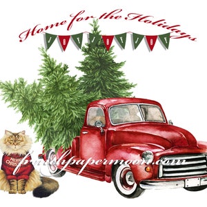 Digital Christmas Truck with Tree, Hand-Drawn Red Christmas Truck, Christmas Pillow Image, Instant Download Printable Xmas Transfer Graphic