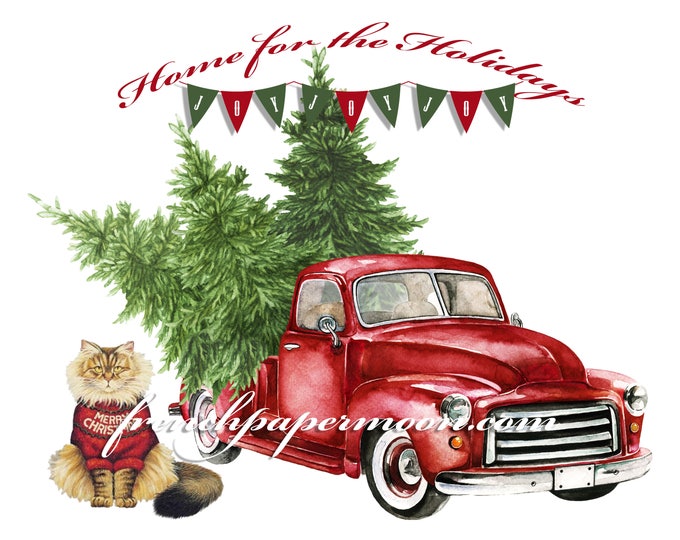 Digital Christmas Truck with Tree, Hand-Drawn Red Christmas Truck, Christmas Pillow Image, Instant Download Printable Xmas Transfer Graphic