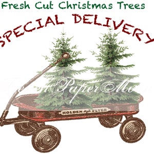 Digital Christmas Wagon with Tree, Hand-Drawn Red Wagon, Christmas Pillow Image, Instant Download Printable Xmas Transfer Graphic image 2