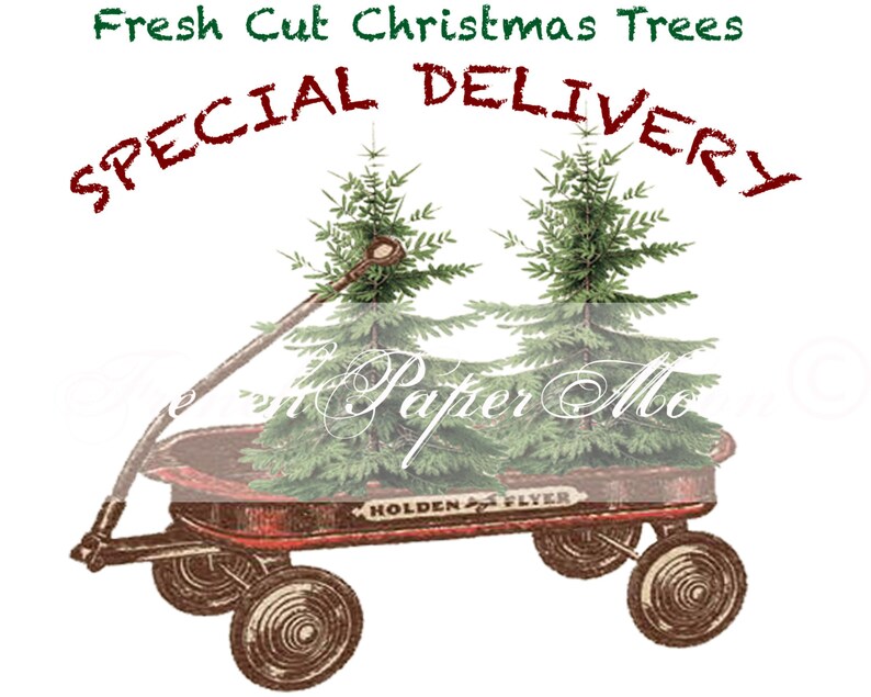 Digital Christmas Wagon with Tree, Hand-Drawn Red Wagon, Christmas Pillow Image, Instant Download Printable Xmas Transfer Graphic image 2