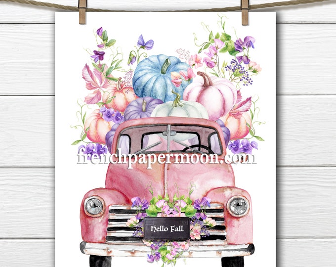 Pink Pumpkin Truck, Pink Pumpkins, Vintage Truck, Pastel Fall Graphic, Farm Truck, Pillow Image, Iron on Fabric, Sublimation, Crafts, Print