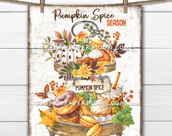 May include: A whitewashed wood sign with the text "Pumpkin Spice Season" in orange and brown lettering. The sign features a tiered tray with fall-themed decorations, including a pumpkin, fall leaves, and a cinnamon stick.