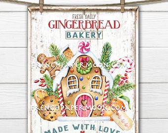 Gingerbread Bakery Christmas Sign Gingerbread House Christmas Candy Pink and Green Xmas Sign Pillow Image Wreath Decor Wall Decor PNG