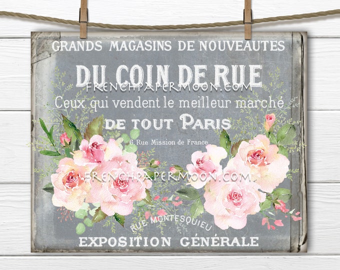 Shabby French Ephemera Roses, Cottage Roses, French Graphic, Image transfer, French Pillow Image, Home Decor, Fabric Transfer, Digital, PNG