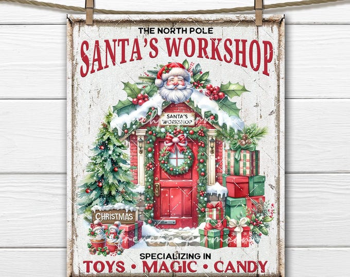 Santa's Workshop North Pole Red Door Christmas Sublimation DIY Sign Making Fabric Transfer Wreath Accent Tiered Tray Decor PNG Digital DTF