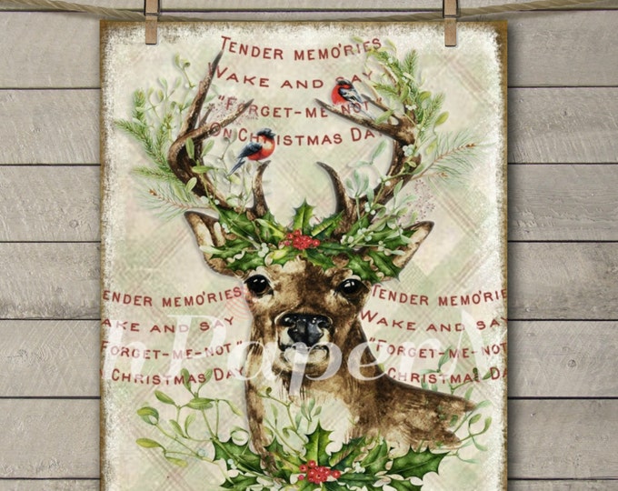 Reindeer Print, Watercolor Reindeer with Christmas Wreath, Reindeer Printable, Vintage Christmas Graphics, Instant Download, Xmas Print