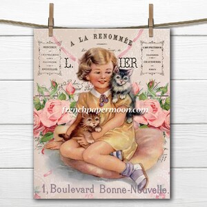 Vintage Digitale Katze, Mädchen und Katze, Shabby viktorianisch, französisches Kissenbild, Transfergrafik, großes Bild
