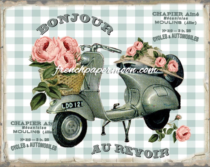 Whimsical Vintage Vespa Graphic, Roses, Hat, French Typography, Pillow Image, Fabric Transfer, Large Size, Vespa Printable