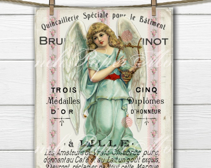 Shabby French Victorian Angel, Vintage Printable Image, French Graphic Angel Download, Victorian Angel Instant Download, Holiday Angel