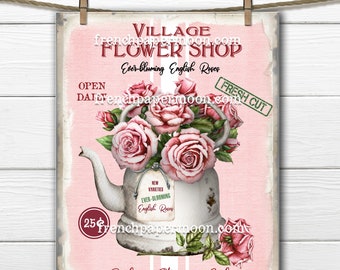 Flower Shop, Vintage-style Cottage Roses, DIY Flower Shop Sign, English Roses, Fabric Transfer, Pillow Image, Farmhouse, Pink, Burgundy, PNG