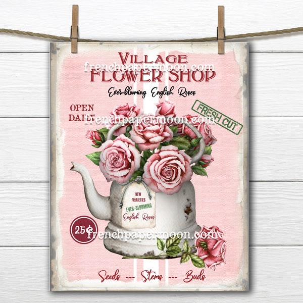 Flower Shop, Vintage-style Cottage Roses, DIY Flower Shop Sign, English Roses, Fabric Transfer, Pillow Image, Farmhouse, Pink, Burgundy, PNG