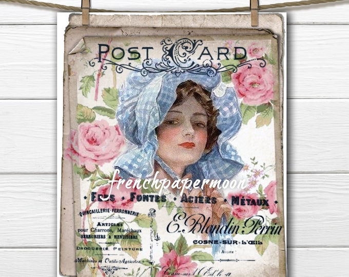 Vintage Shabby French Digital Lady, French Graphics, Roses, French Pillow Graphic Transfer Image Printable, Harrison Fisher