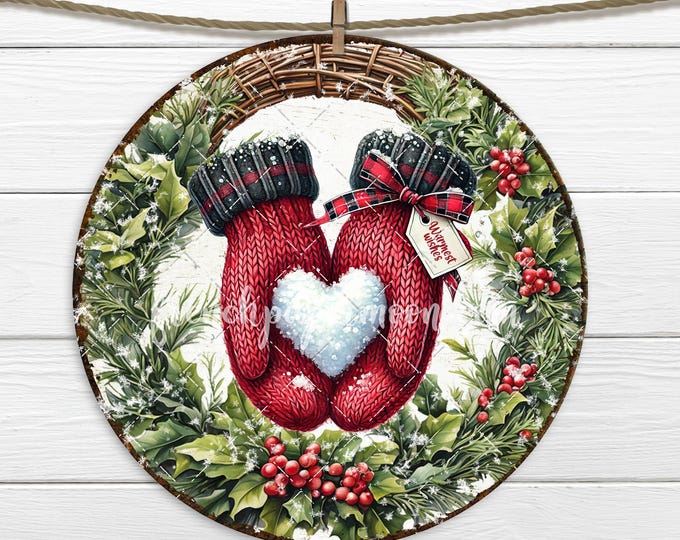 Old Fashioned Christmas Round PNG Knitted Mittens Snow Heart Warmest Wishes Wreath Accent Digital PNG Sign Making DIY Sign Craft Sublimation