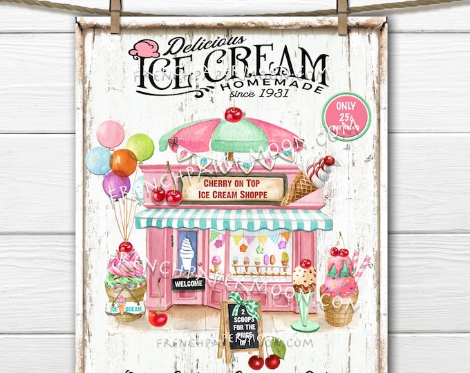 Old fashioned Ice Cream Parlor, Ice Cream Sign, Ice Cream Party, Shop, Pillow Image, DIY Sign, Sublimation, PNG, Wood, Fabric Transfer