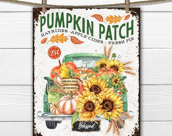 Pumpkin Truck Fall Farmhouse Pumpkin Patch Sunflowers Wheat Tailgate Pickup Digital Print Wall Art, Fabric Transfer, Wreath Accent, Iron On