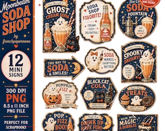 May include: A collection of 12 digital mini signs featuring vintage-style illustrations of ghosts, black cats, soda bottles, and treats. Each sign includes text such as Ghost Cream Soda, Soda Shop Favorite, and Spooky Dreamy with a dark blue starry background.