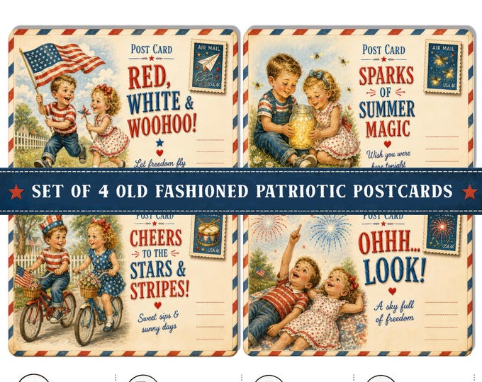 Vintage-Style Patriotic Postcard Kids PNG Bundle | Americana 4th of July Clipart | Retro Summer