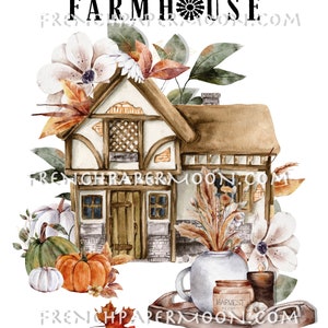 May include: Watercolor illustration of a farmhouse with a welcome to our farmhouse sign. The farmhouse is surrounded by fall foliage, pumpkins, and a teapot with a jar of jam on a wooden tray.