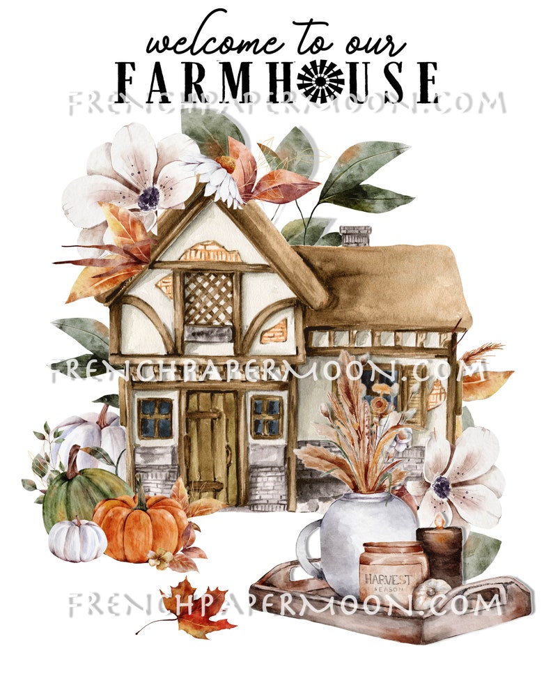 May include: Watercolor illustration of a farmhouse with a welcome to our farmhouse sign. The farmhouse is surrounded by fall foliage, pumpkins, and a teapot with a jar of jam on a wooden tray.