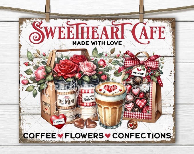 Sweetheart Cafe Valentine Coffee PNG Sublimation DIY Signs, Pillows, Crafts