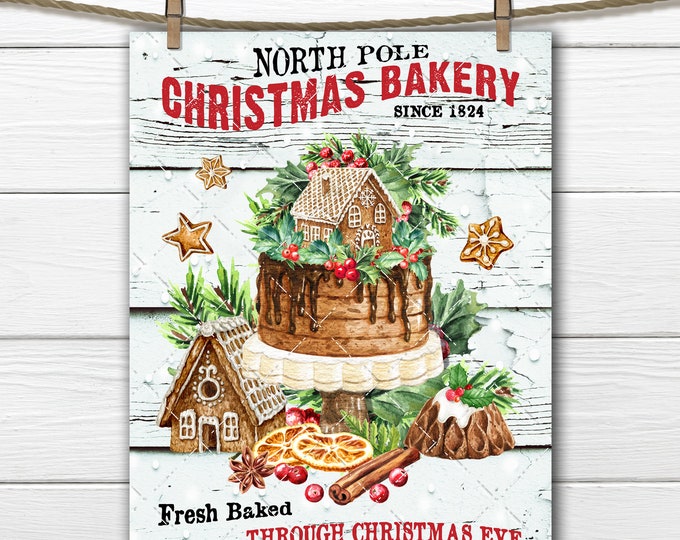 North Pole Christmas Bakery Digital DIY Sign Gingerbread House Cake Xmas Confectionary, Fabric Transfer Wreath Accent Tiered Tray Decor PNG