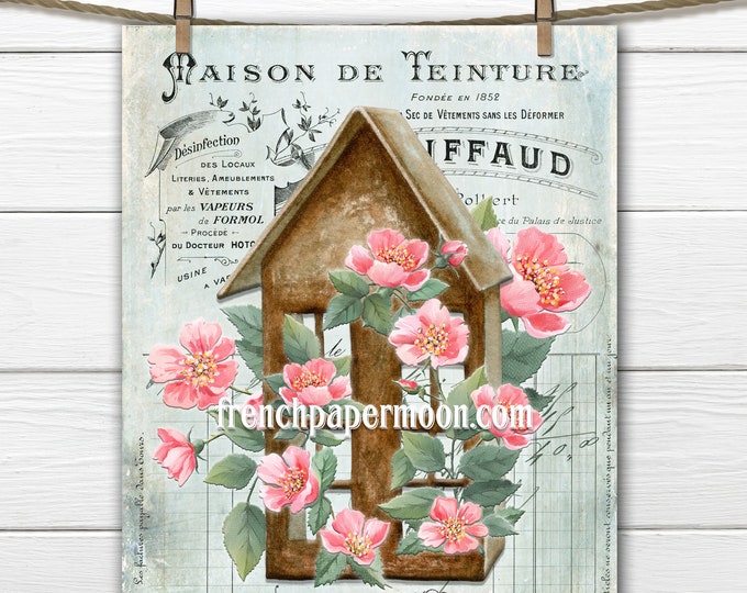 French Rose Cottage, French Garden Graphic, Shabby Roses, Birdhouse, Wild Roses, French Ephemera, Pillow Image, Transparent, Large Size