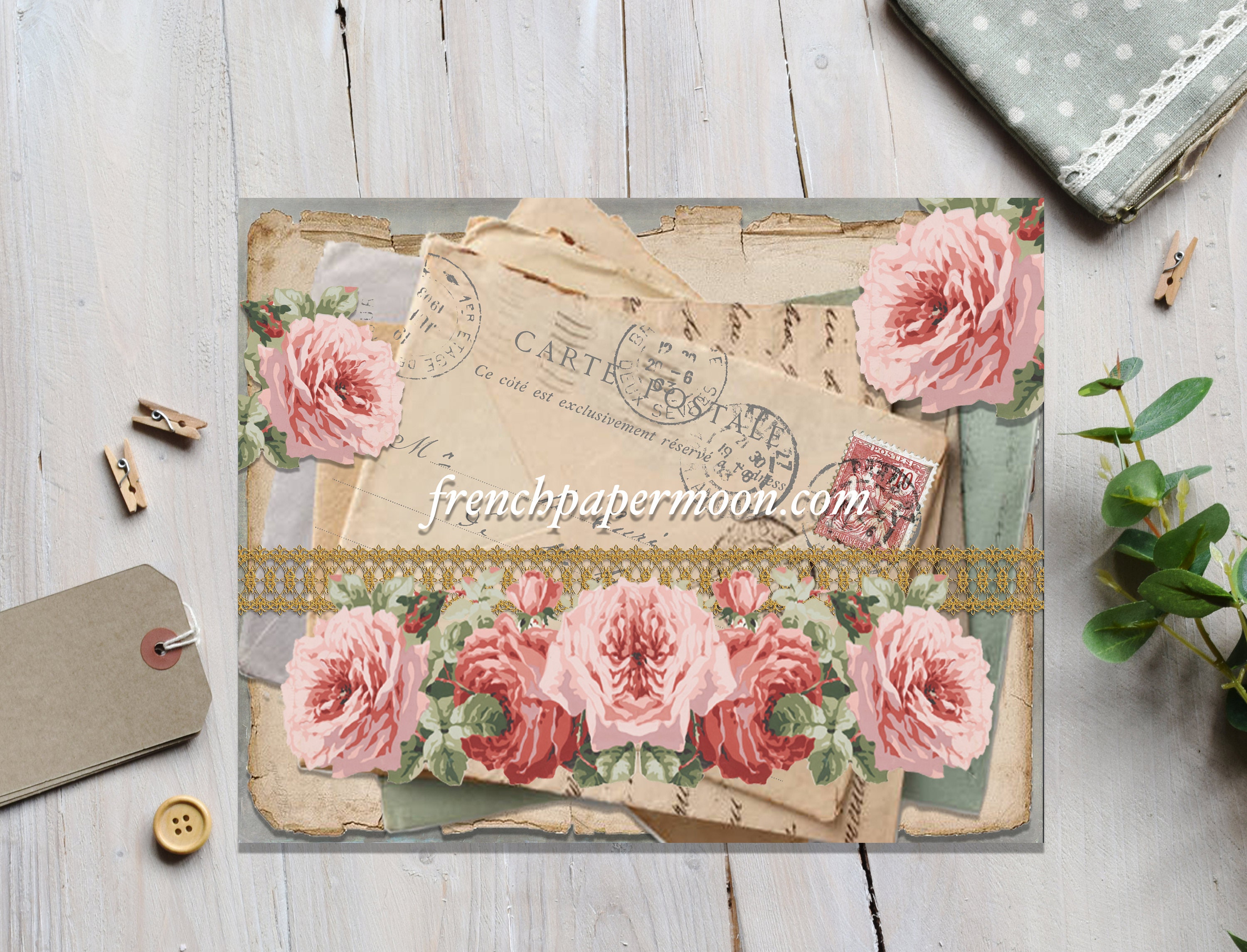 Printable Shabby French Letter Stack, Antique Roses ...
