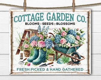 以下が含まれることがあります： 「COTTAGE GARDEN CO.」の文字と「BLOOMS SEEDS BLOSSOMS」の文字が書かれた木製の看板。花、ブーツ、手押し車、園芸用具の水彩イラストが描かれています。「FRESH PICKED & HAND GATHERED」の文字も表示されています。