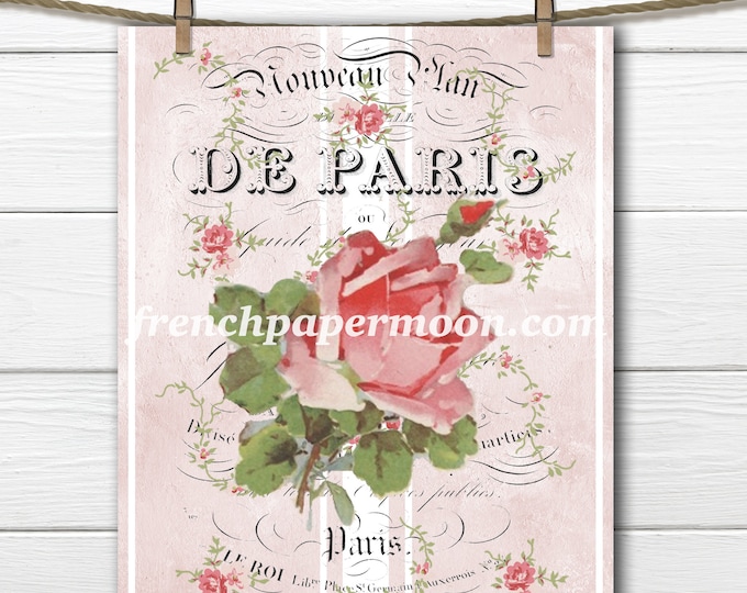 Vintage Shabby Pink Rose Printable, Antique French Typography, Old Fashioned, Instant Download Image Transfer Graphic