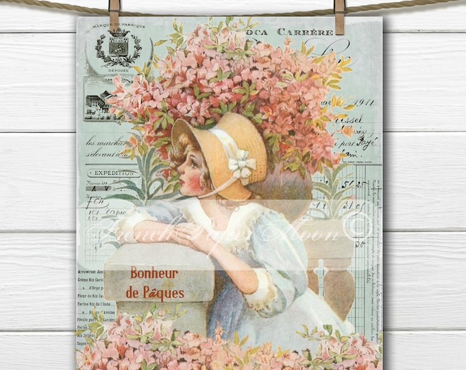 Digital Shabby Victorian Girl, Vintage easter Girl, French Typography, French Pillow Transfer Graphic, Scrapbooking Download