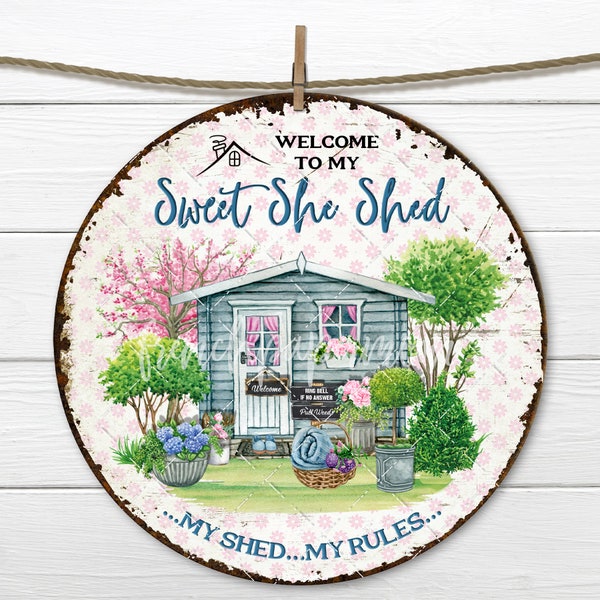 Garden Shed She Shed Spring Garden Cottage Circle Sublimation Design DIY Sign Making Wreath Accent DoorHanger Digital 8x8" Round PNG Coaster