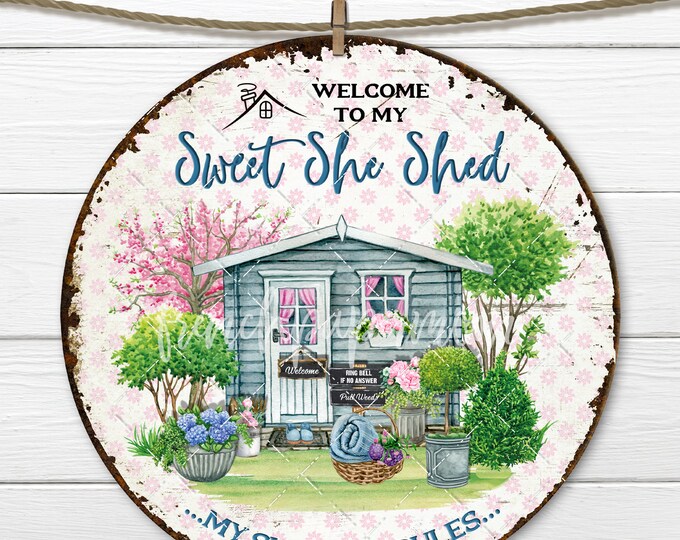 Garden Shed She Shed Spring Garden Cottage Circle Sublimation Design DIY Sign Making Wreath Accent DoorHanger Digital 8x8" Round PNG Coaster