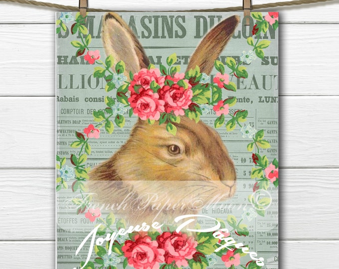 Shabby Vintage Bunny, French Bunny, Flowers, French Easter Pillow Transfer Graphic, Instant Download