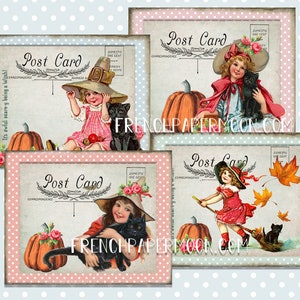 Postal digital vintage de Halloween imprimible, correo de arte digital de gato negro, historias digitales, chica victoriana, Halloween antiguo y pasado de moda, artesanías