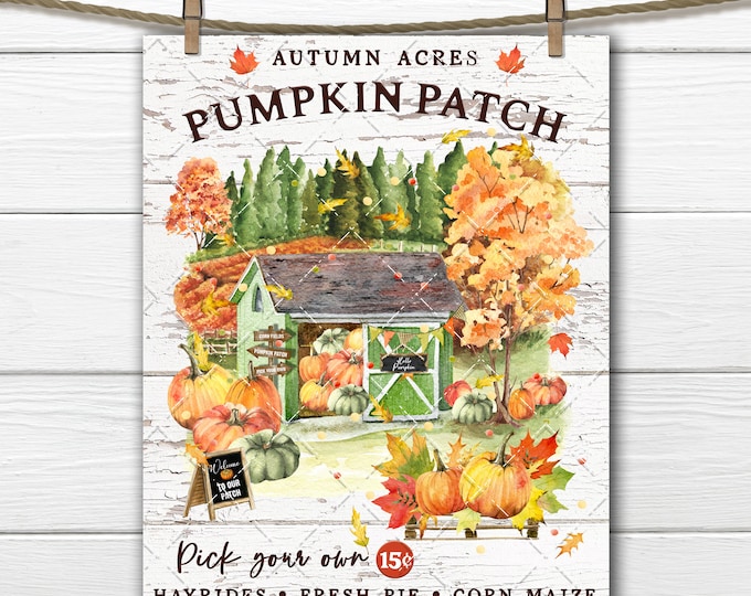 Pumpkin Patch Pick your Own Autumn Digital Print Autumn Scene Falling Leaves Pumpkin Patch Fabric Transfer Wreath Accent You Print Fall Sign