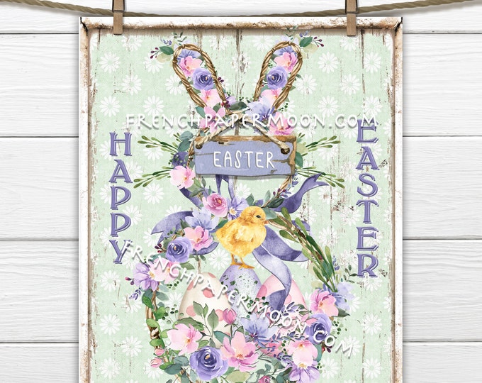 LIMITED EDITION, Shabby Floral Easter Bunny, Wreath, Easter Chick, Easter Eggs, DIY Easter Sign, Wreath Decor, Sublimation, Pillow Image