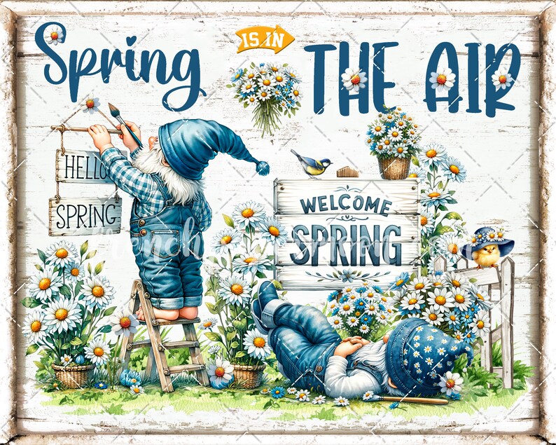 Welcome Spring Denim Gnome Sublimation DIY Sign Tiered Tray Decor DTF ...