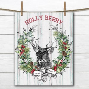 Digital Christmas Reindeer Wreath, Holly Berry, DIY Christmas Pillow Image, Xmas Sign, Vintage Reindeer Illustration, Fabric Transfer
