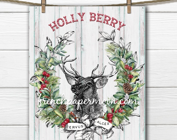 Digital Christmas Reindeer Wreath, Holly Berry, DIY Christmas Pillow Image, Xmas Sign, Vintage Reindeer Illustration, Fabric Transfer