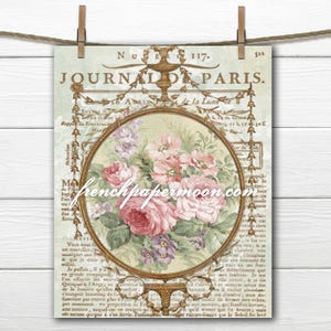 May include: A vintage-style print featuring a floral bouquet within a gold-toned oval frame. The print is set against a backdrop of aged paper with French text and the title "JOURNAL DE PARIS."