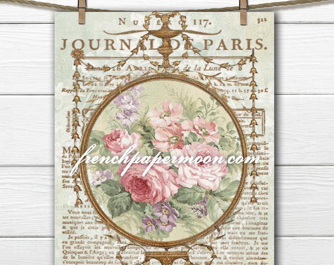 Digital Shabby French Roses with Antique French Script, Large Image, Fabric Transfer, Iron on Fabric