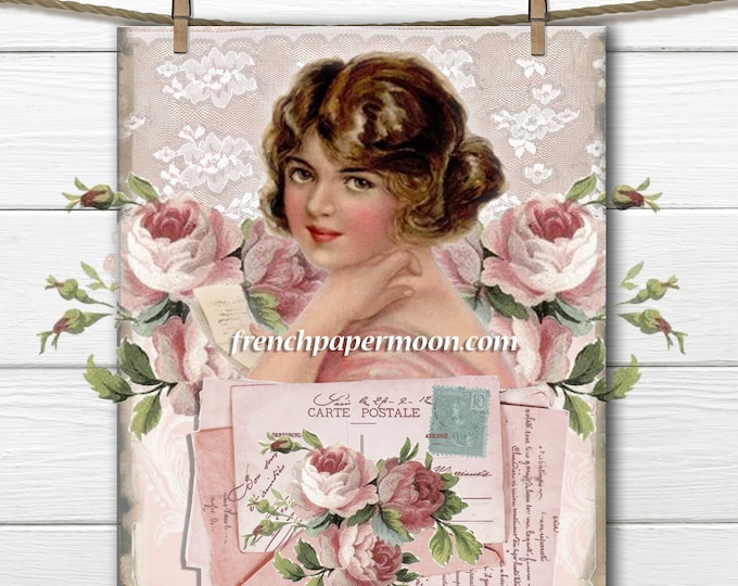 Digital Shabby Victorian Lady, Pink Roses, Carte Postale, French Pillow Transfer Image, Large Image, Download