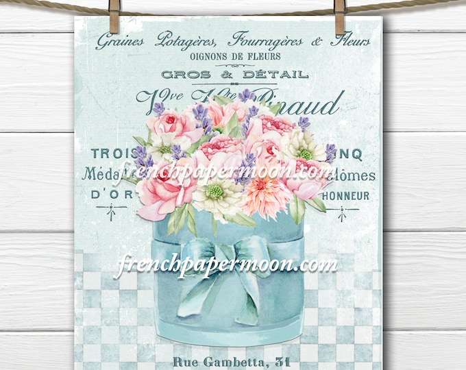 Shabby Flower Hatbox, Aqua, French Bouquet Graphic, Digital Watercolor Flowers, Pastel, French Pillow Image, Fabric Transfer, Printable, PNG