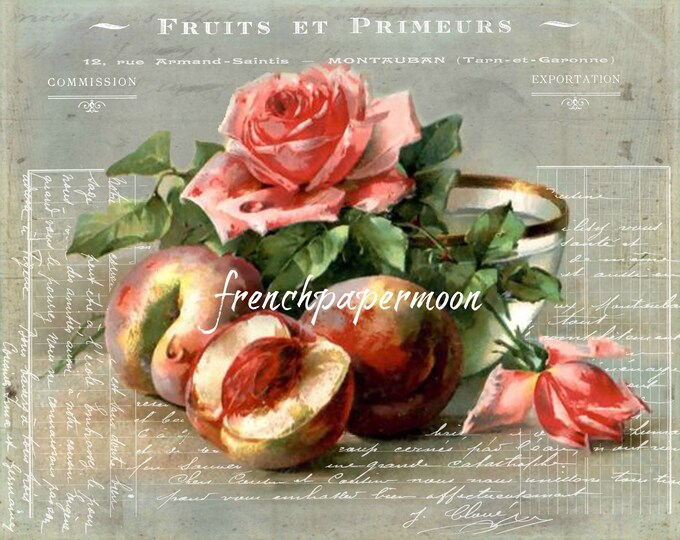 Vintage Digital Fruit Graphic, French Peaches, Roses, Botanical Print, Kitchen Printable, Instant Download, Fabric Transfer