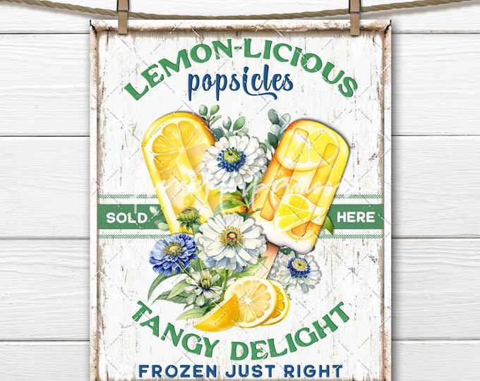 Lemon Popsicle Summer Ice Cream Ice Pop Blue Yellow Frozen Treats DIY Sign Fabric Transfer Tiered Tray Decor Digital Print Wreath Accent PNG